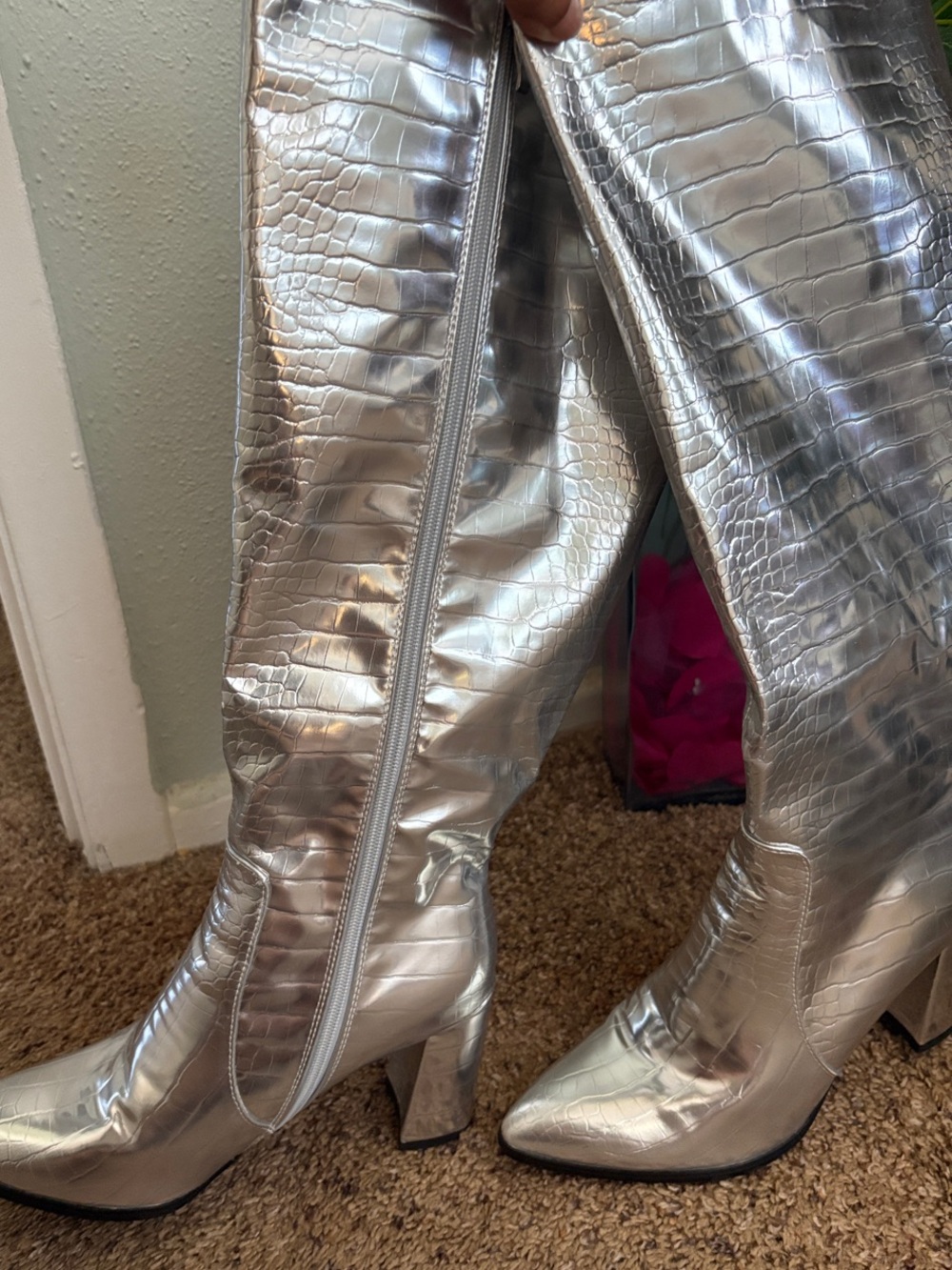 Amazon Silver Croc-Embossed Over-the-Knee Boots - Picture 3 of 11